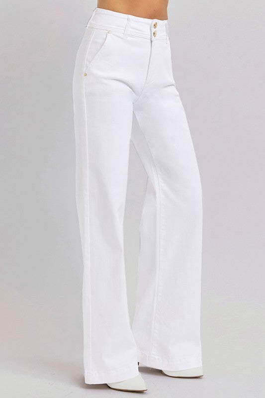 Tummy Control High Rise Wide Leg Jeans- White