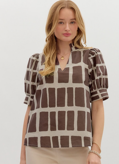 Brown Printed V-Neck Top