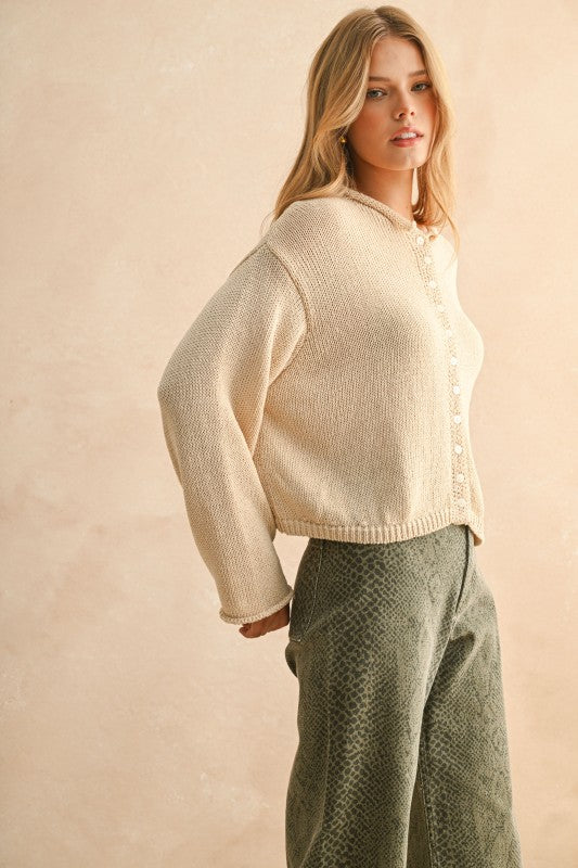 Pointelle Trim Cardigan Sweater- Cream