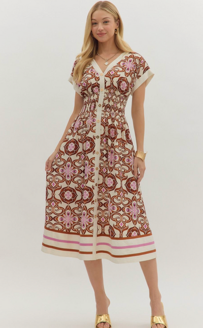 Brown and Pink Smocked Waist Midi Dress