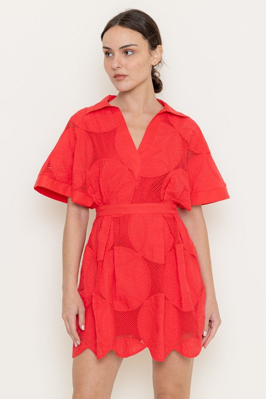 Red V-Neck Placket Collar Mini Dress