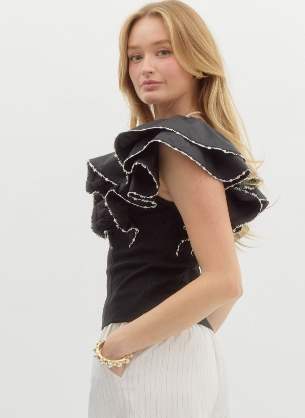 Black Ribbed Ruffle Sleeve Crop Top