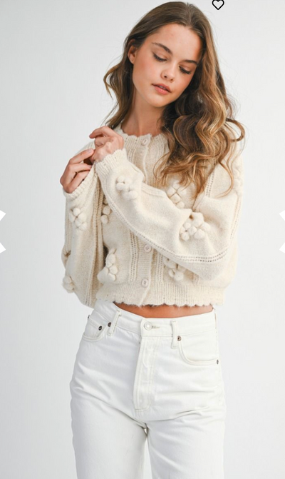 Pom Pom Detail Cardigan- Cream