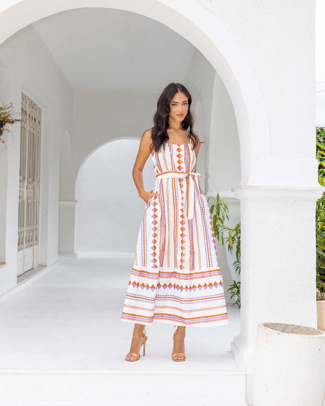 Orange and Purple Geometric Print Maxi Dress