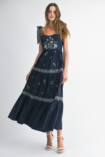 Navy Embroidered Tiered Maxi Dress