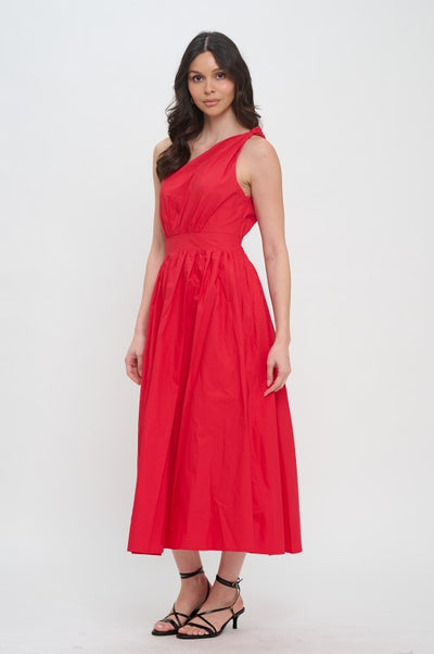 Red Poplin One Shoulder Maxi Dress
