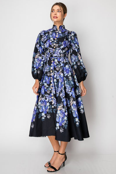 Button Detail Floral Print Belted Midi Dress