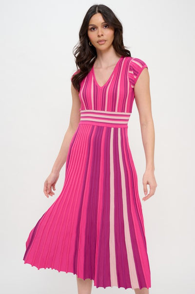 Burgundy and Pink Multi Stripe Knit Midi Dress