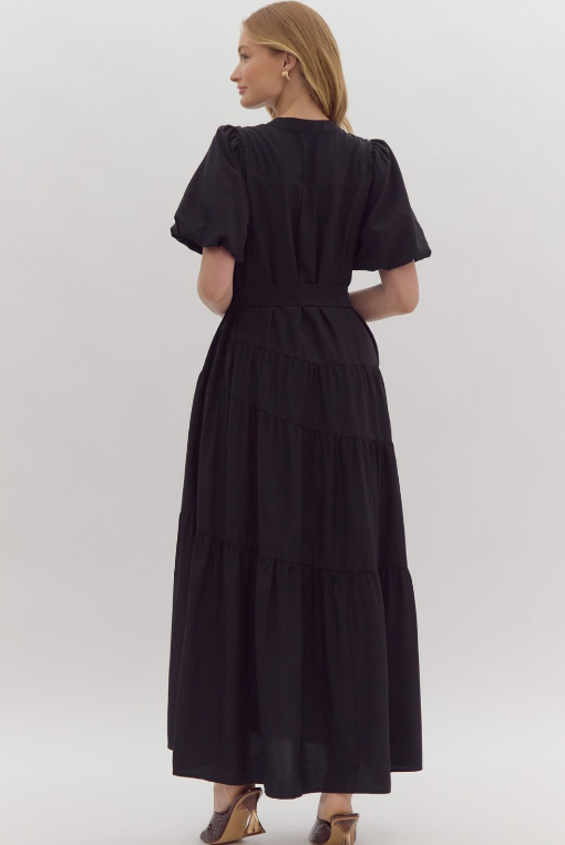 V-Neck Puff Sleeve Button Down Maxi Dress- Black