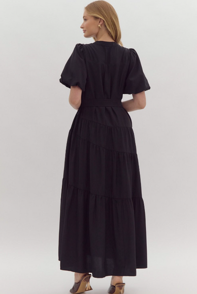 V-Neck Puff Sleeve Button Down Maxi Dress- Black