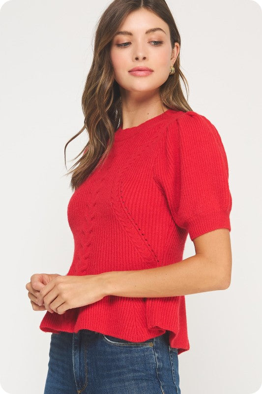 Flared Puff Sleeve Knit Top- Red