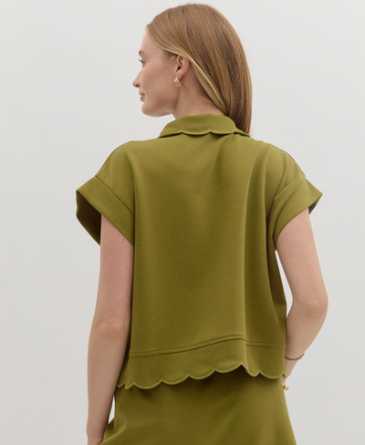 Olive Green Scallop Hem Jersey Top
