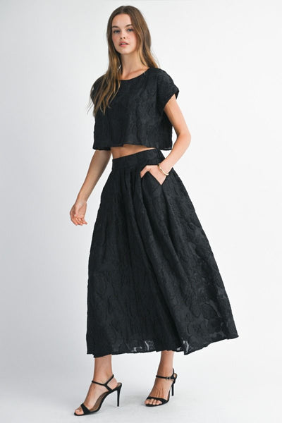 Floral Textured Crop and Skirt Set- Black