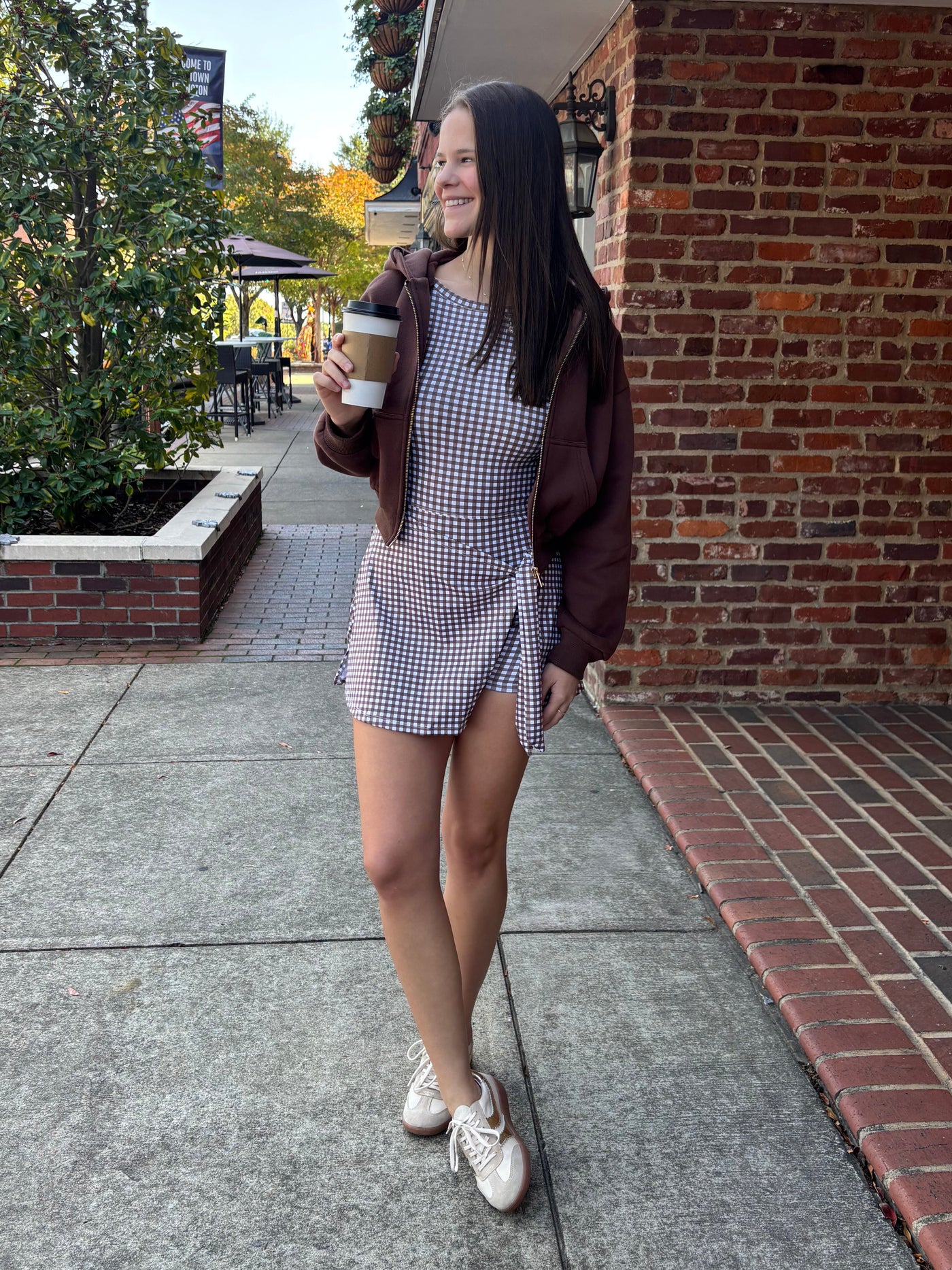 Gingham Print Sleeveless Wrap Tie Front Dress- Brown