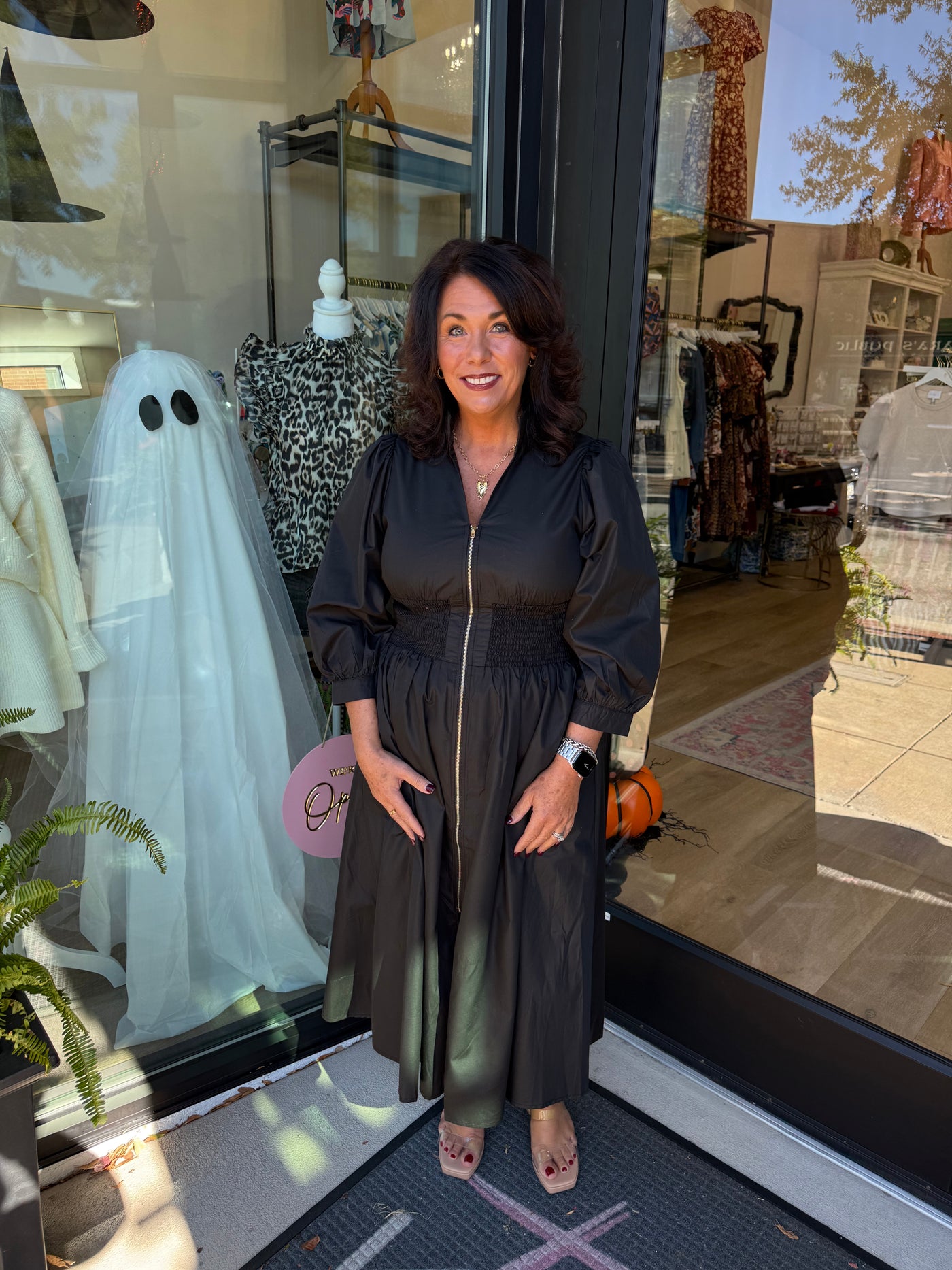 Black Smocked Waist Zip Up Midi Dress