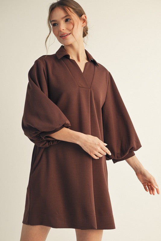 Brown Front Pleated Comfy Dress