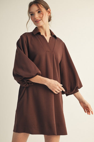 Brown Front Pleated Comfy Dress