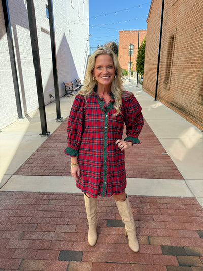 Red Plaid Ruffle Neck Dress