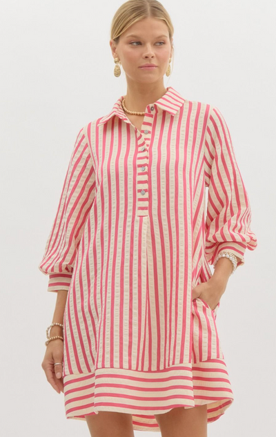 Pink Striped Seersucker Long Sleeve Mini Dress