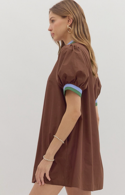 Chocolate Brown Contrast Trim Mini Dress