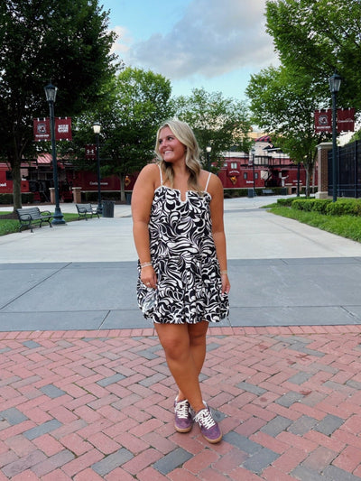Black Abstract Print Braided Detail Dress