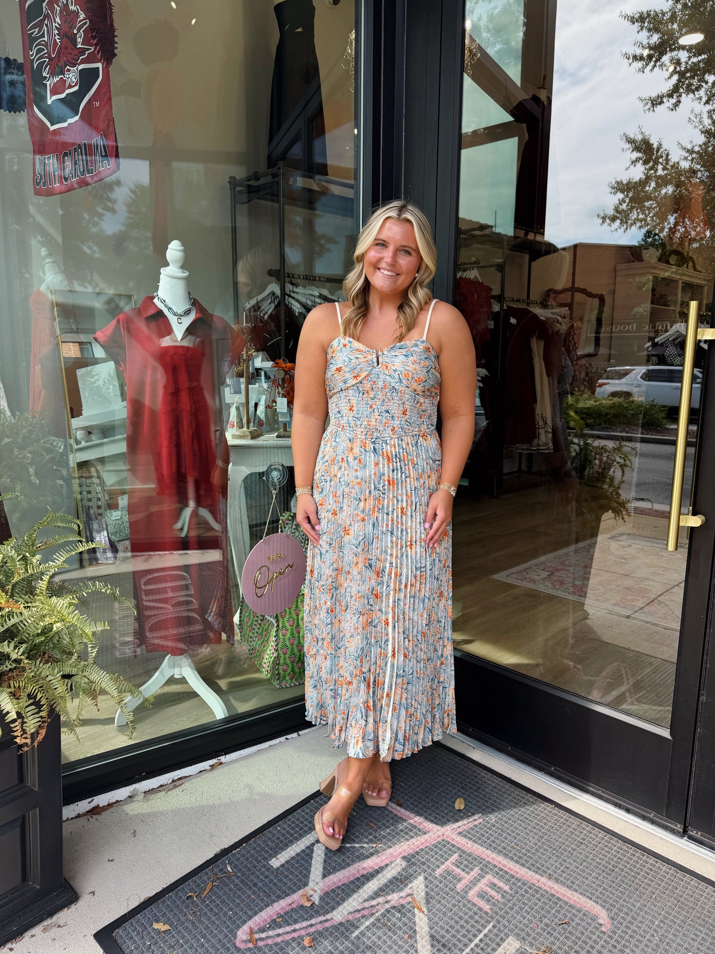 Pleated Blue Floral Midi Dress