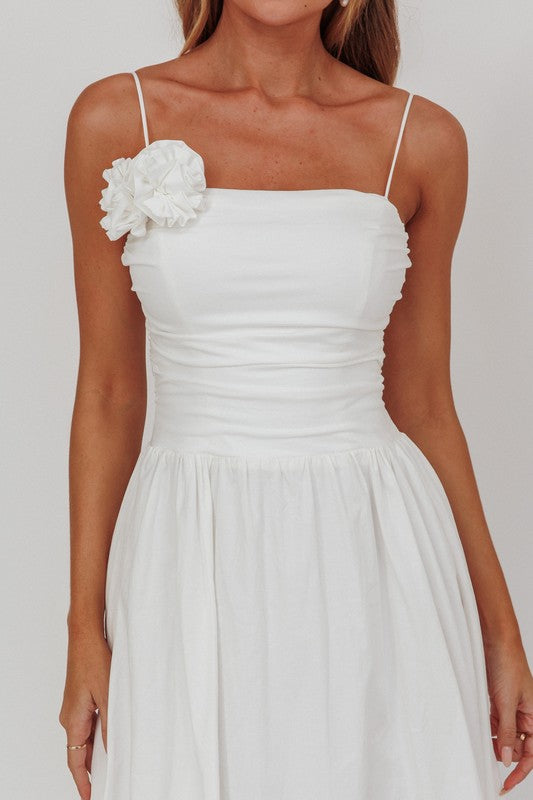 White 3D Flower Midi Dress