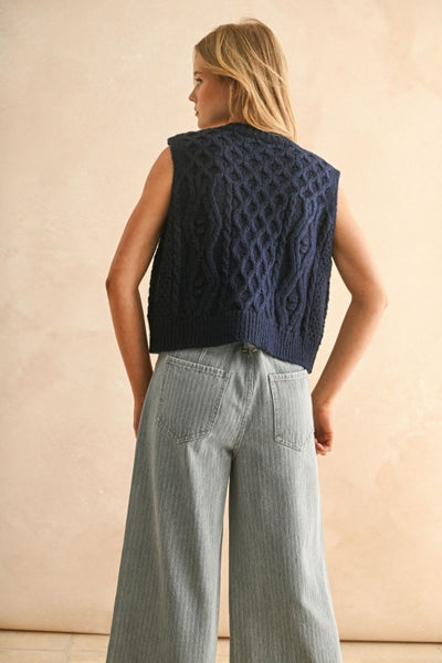 Navy Tie Front Cable Knit Vest