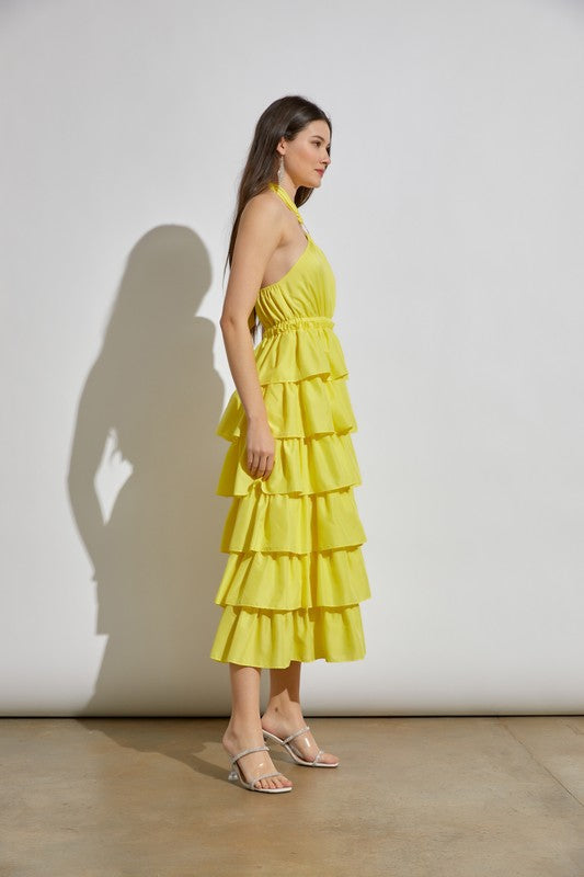 Yellow Halter Ruffle Maxi Dress