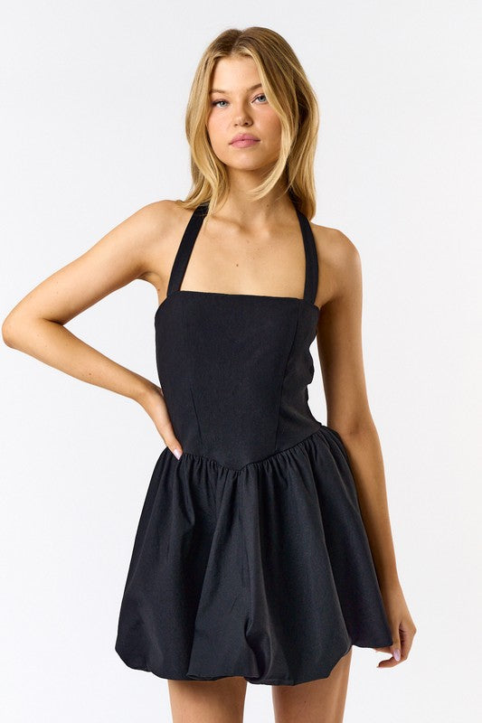 Halter Neck Bubble Hem Mini Dress- Black