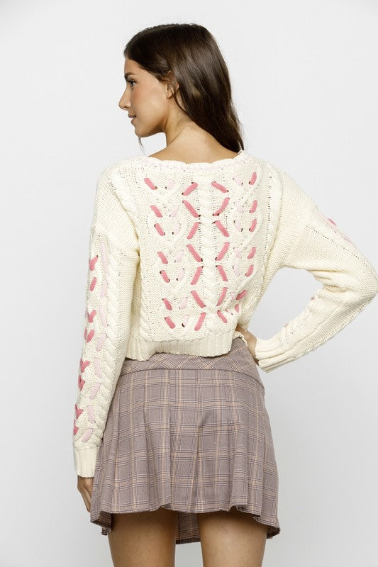 Pink Interlaced Detail Cable Knit Sweater