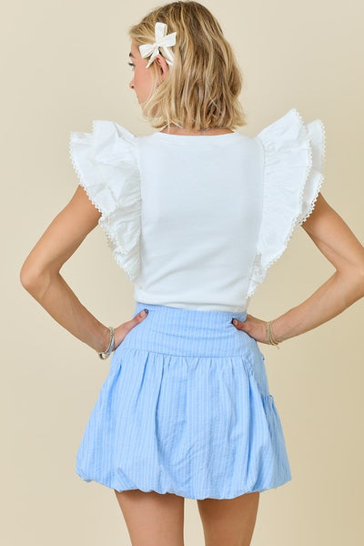 Lace Trim Ruffle Shoulder Top- White