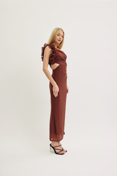 Brown One Shoulder Mesh Cutout Maxi Dress