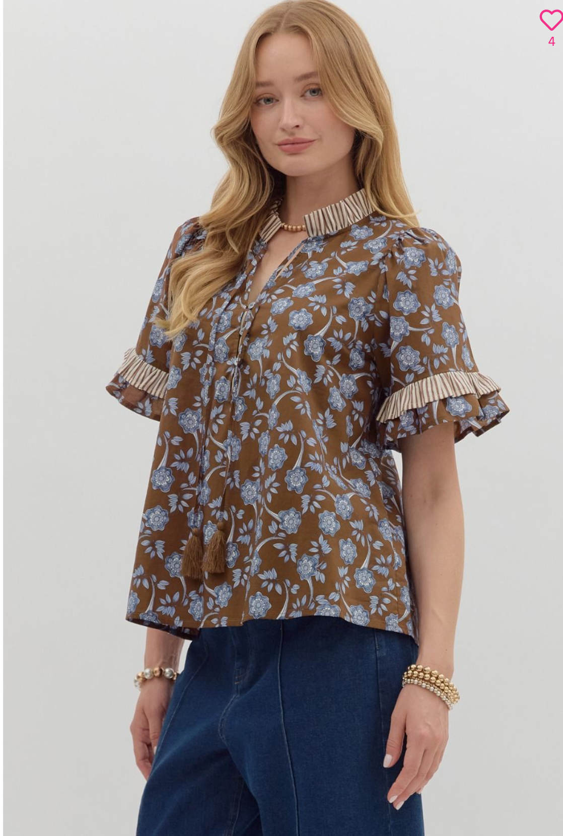 Brown Floral Print Contrast Ruffle Top