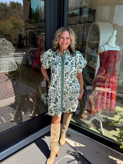 Green Floral Button Down Mini Dress