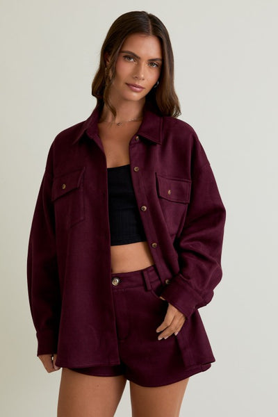 Burgundy Long Sleeve Oversized Suede Shacket