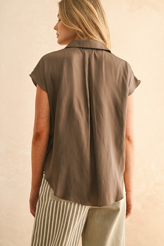 Button Down Cap Sleeve Top- Coffee