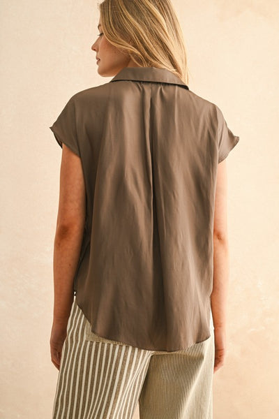 Button Down Cap Sleeve Top- Coffee