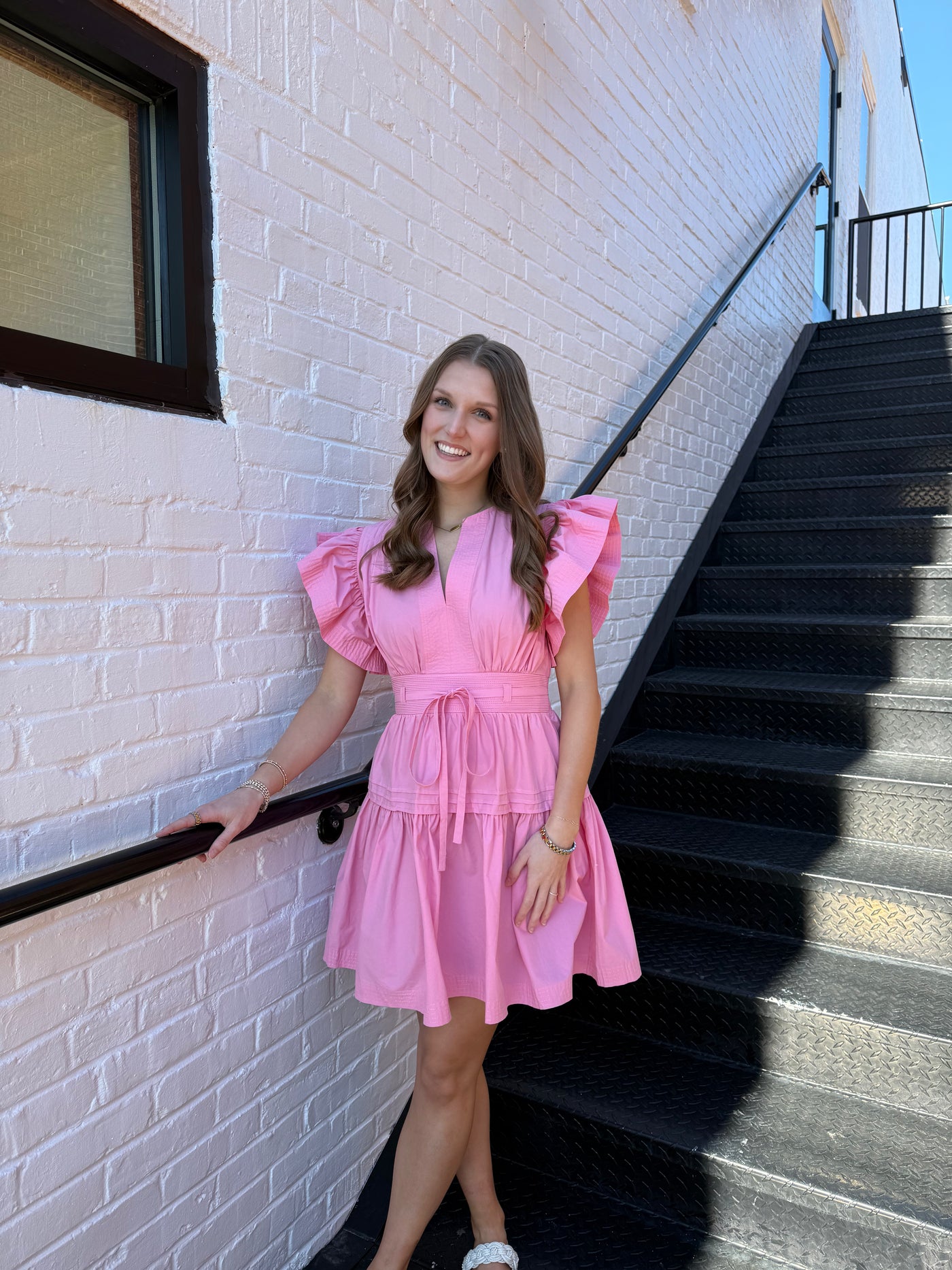 Pink Flutter Sleeve Poplin Mini Dress