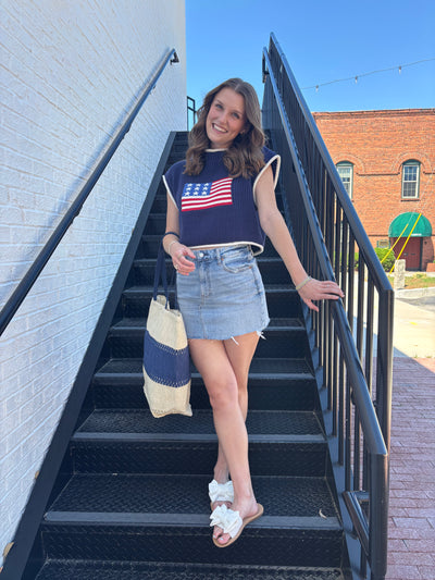 Boxy Fit Flag Sweater- Navy