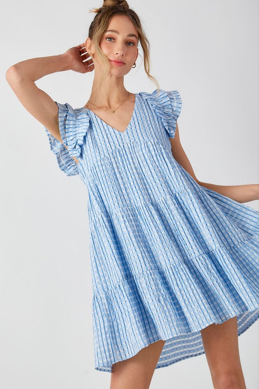 Flutter Sleeve Tier Dress-Blue