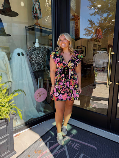 Midnight Garden Bow Trim Mini Dress