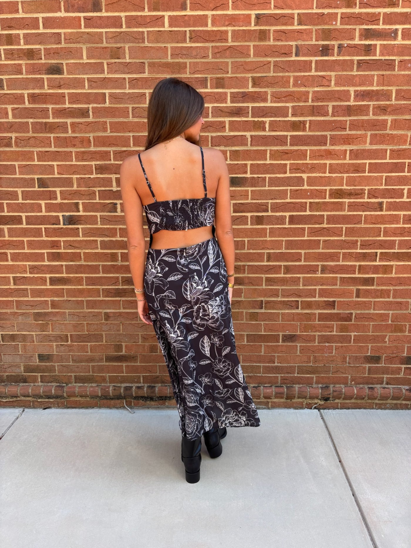 Black Contrast Floral Panel Midi Dress
