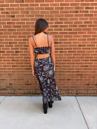 Black Contrast Floral Panel Midi Dress