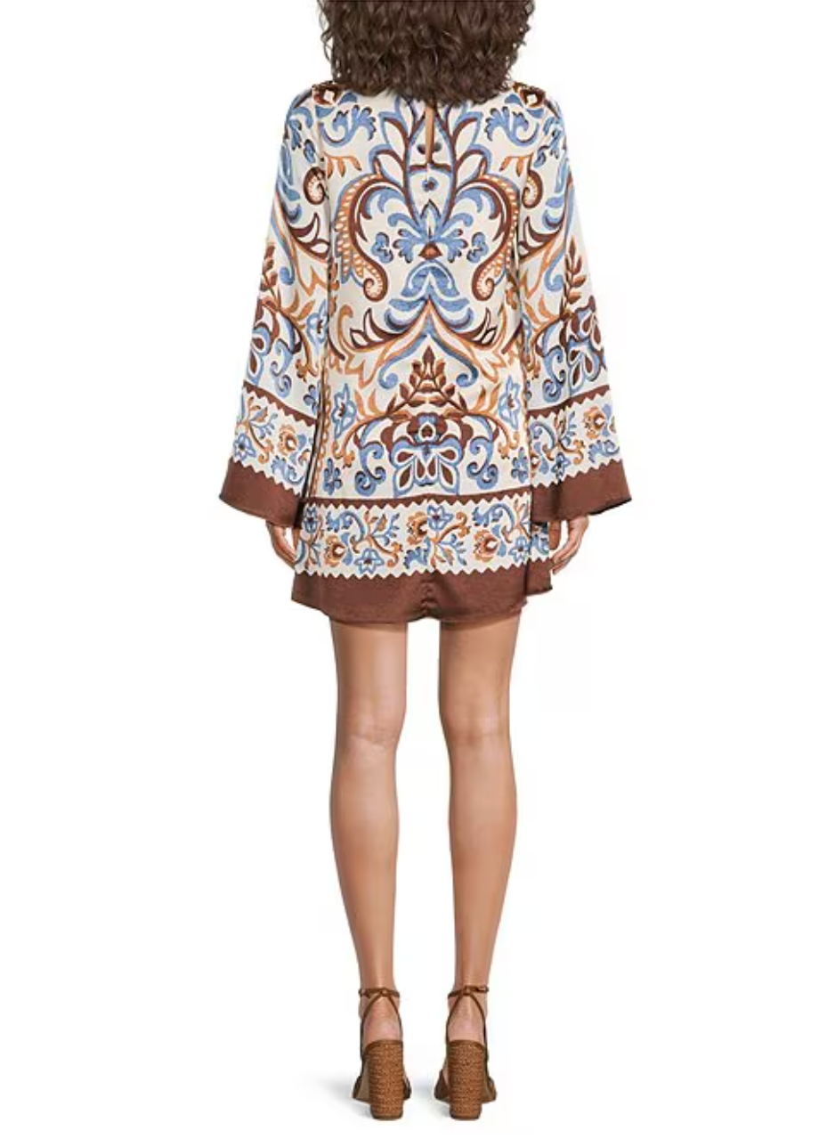Printed Boat Neck Long Bell Sleeve Mini Dress