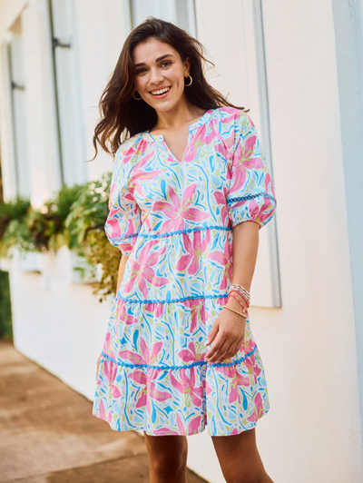 Hibiscus Harmony White Palmer Dress