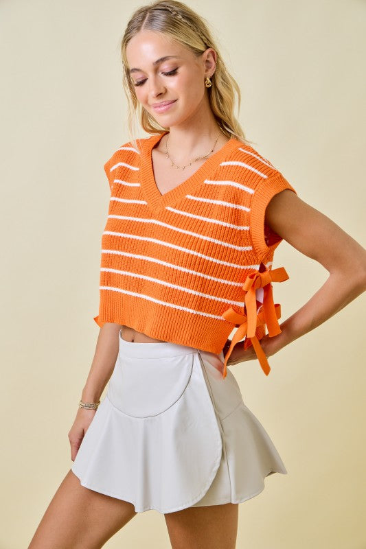 Striped V-Neck Side Tie Sweater Top- Orange/White