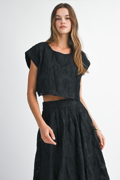 Floral Textured Crop and Skirt Set- Black