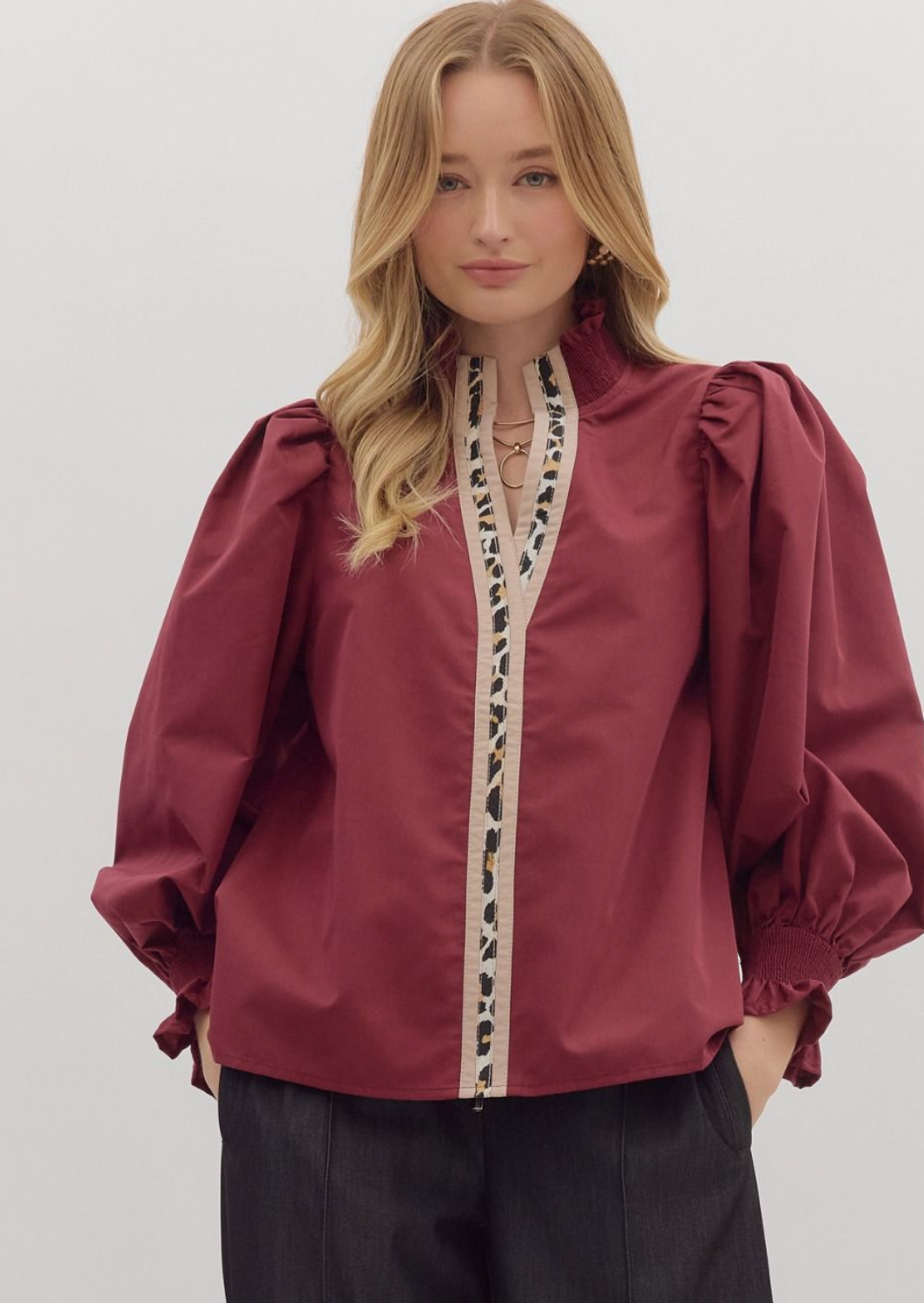 Burgundy Cheetah Print Accent Top