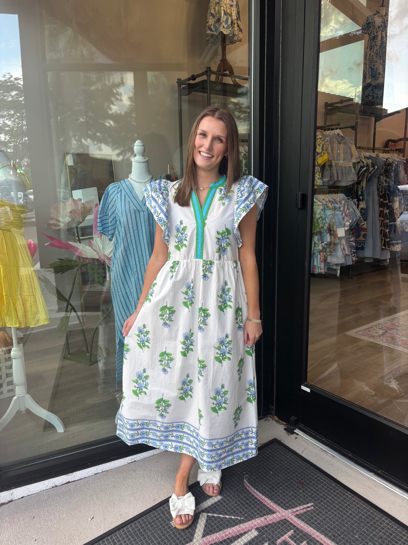 Floral Print Border Pattern Midi Dress
